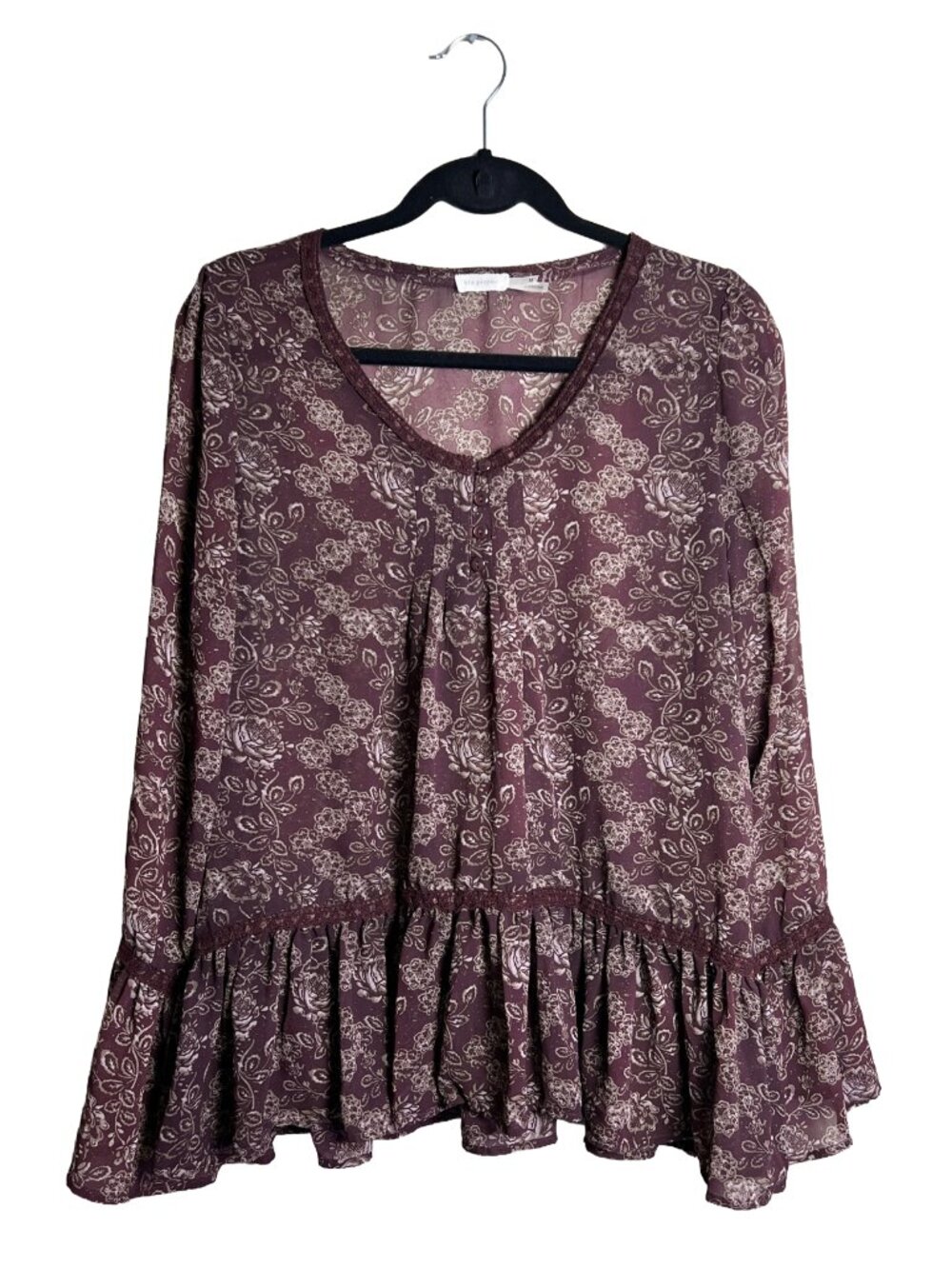 Blu Pepper Boho Floral Peplum Top Burgundy Bell Sleeve Medium‎